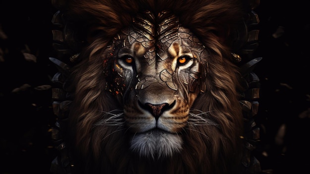 A lion's face with gold eyes and a golden crown