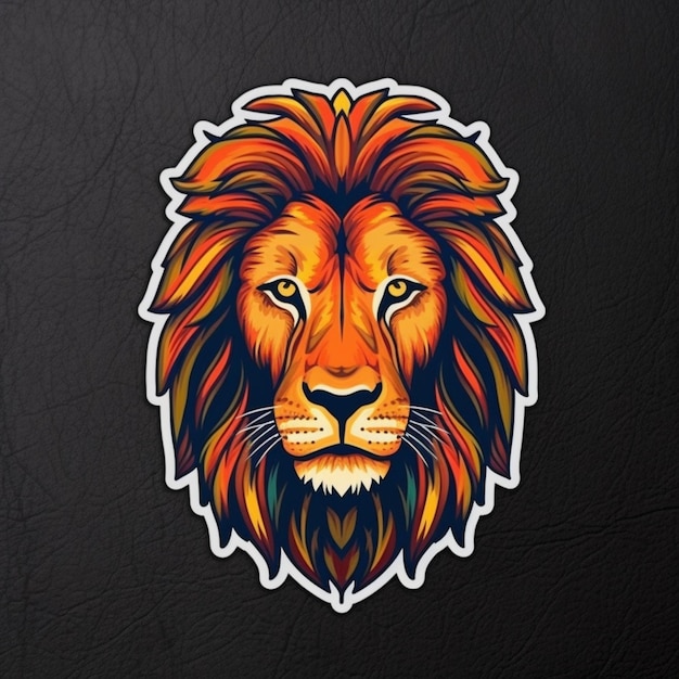 A lion's head is on a leather background.