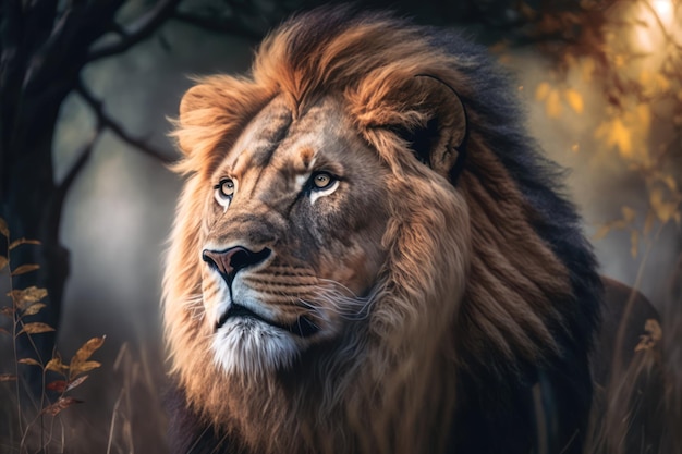 A lion's head is shown in a forest.