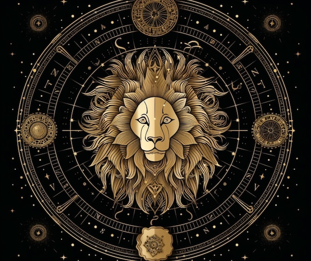 A lion's head is surrounded by gold and black circles.