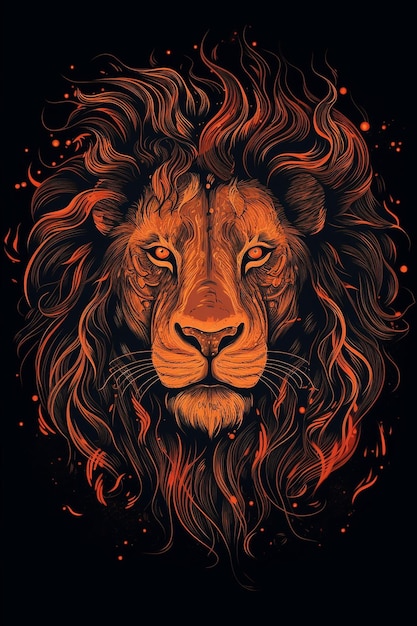 A lion's head with a red mane and the words lion on it.