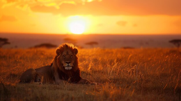 Лев на ландшафте саванны при заходе солнца