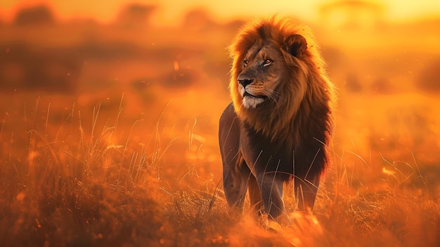 Photo lion in the savannah at sunset