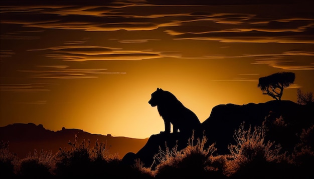 A lion silhouette on a hill at sunset in the Savanna Generative AI