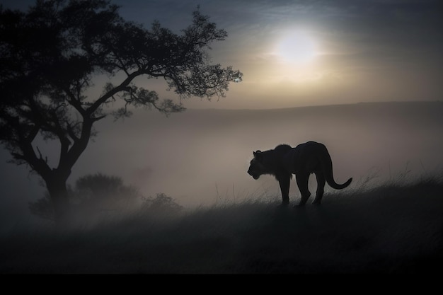 Lion silhouette in savanna Generative AI illustration