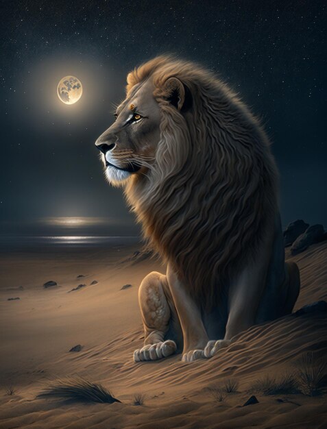 A lion sits on a beach under a moon.