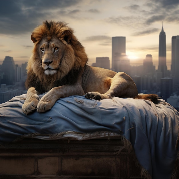 a lion sits on a blanket in front of a city skyline.