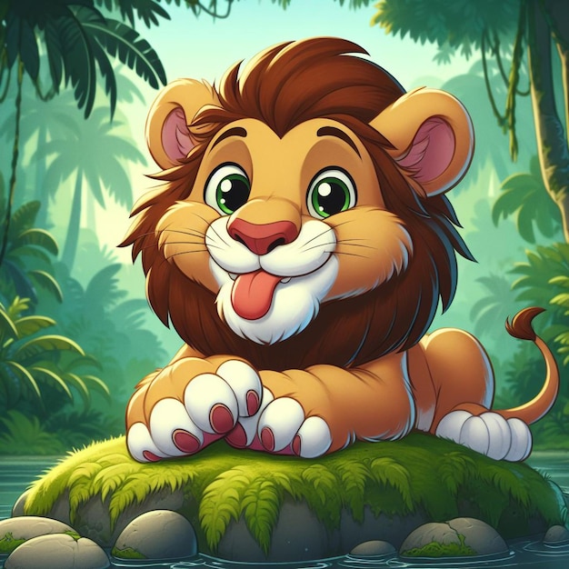 a lion sits on a log in the jungle