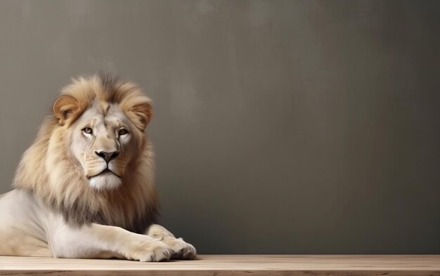 A lion sits at a table with a grey background.