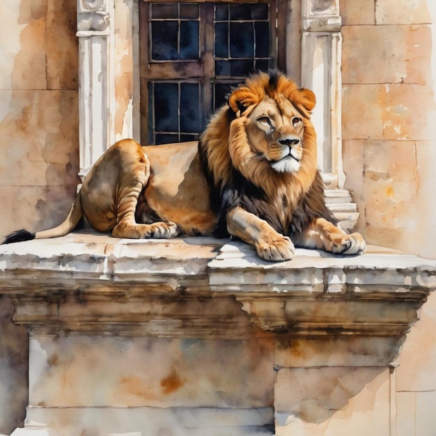 Lion sitting on a building ledge in a watercolor painting