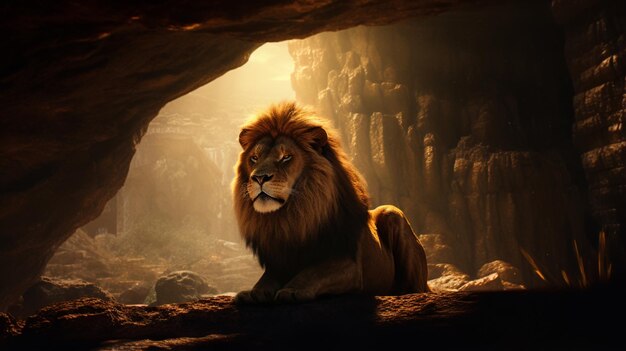 Lion sitting cave den animal photography image Ai generated art