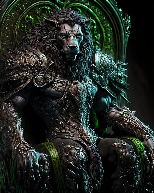 A lion sitting on a throne with green eyes.