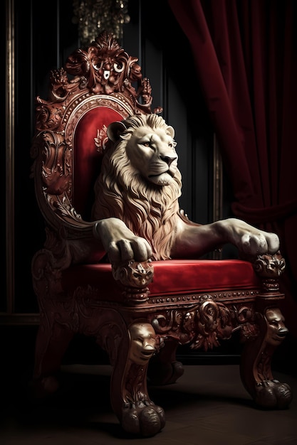 Лев сидит на троне с красным стулом за ним