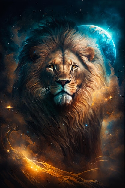 Lion in the sky with stars and moon Generative AI