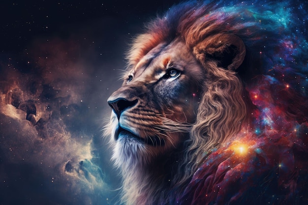 Lion on Space Nebula Background Wallpaper