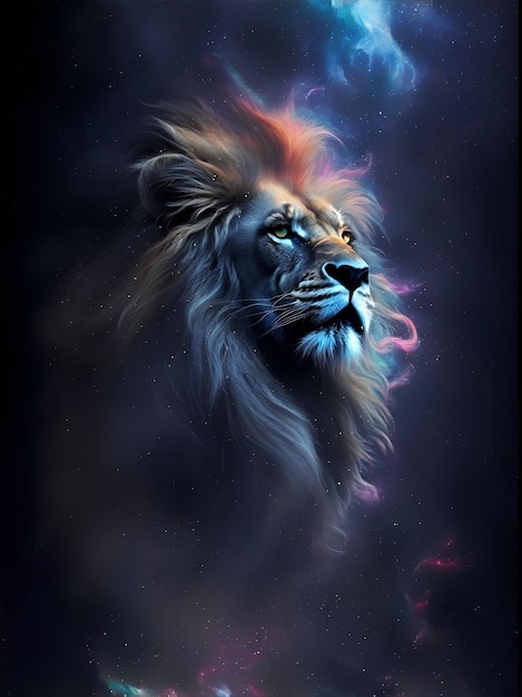 Lion in space nebula water ink Generative AI