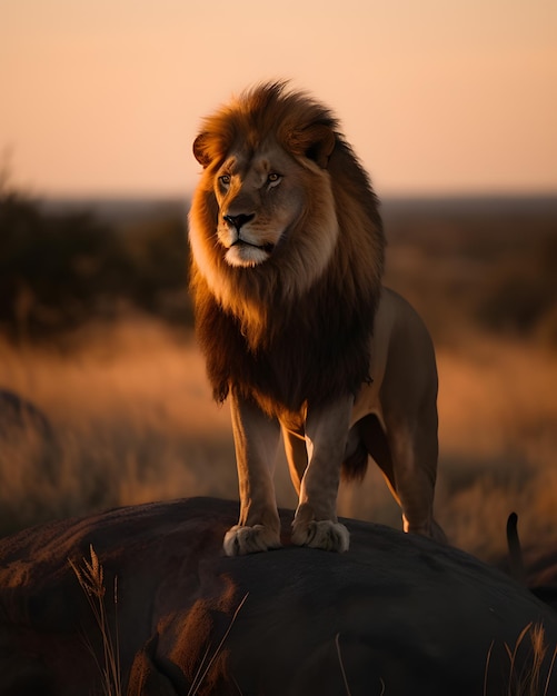 Lion standing on a dead buffalo