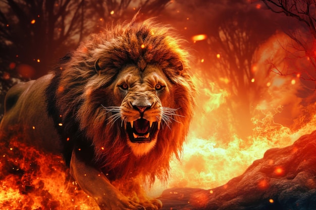 環境破壊の脅威を象徴する森の猛烈な山火事の前に立っているライオン