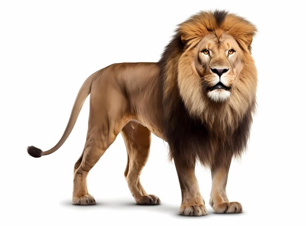Лев стоит и смотрит на камеру передним видом, изолированным на белых генеративных ИИ иллюстрациях