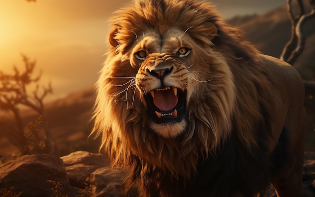 Lion standing roaring in sunrise