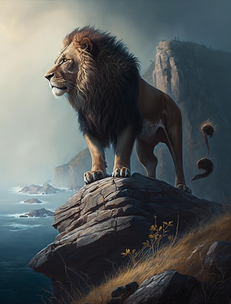 A lion standing on a rock in front of a sea.