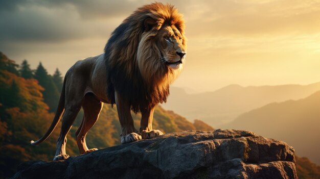 Lion standing on a rock with mountain forest view at sunrise