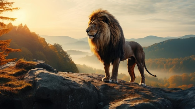 Lion standing on a rock with mountain forest view at sunrise