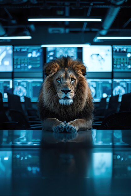 Photo lion stands confidently on conference table in hightech surveillance room