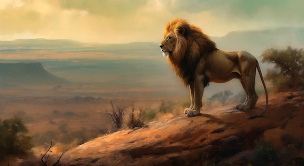 a lion stands on top of a hill