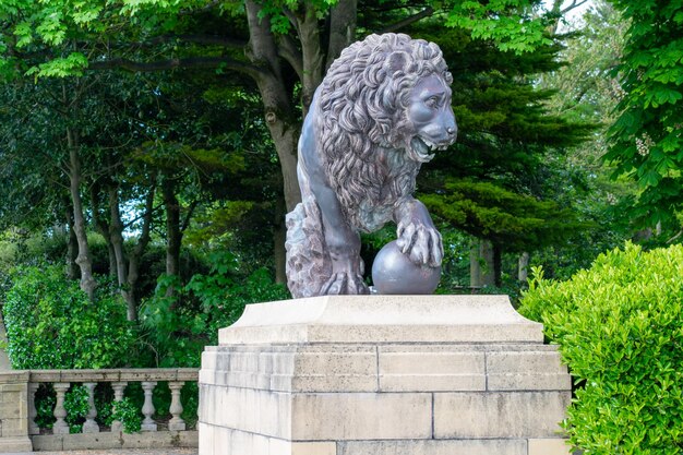 公園の木に照らされたライオンの ⁇ 像