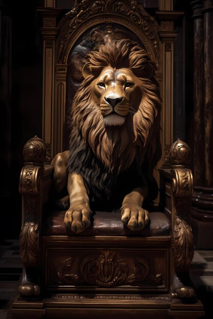 A lion statue sits on a throne