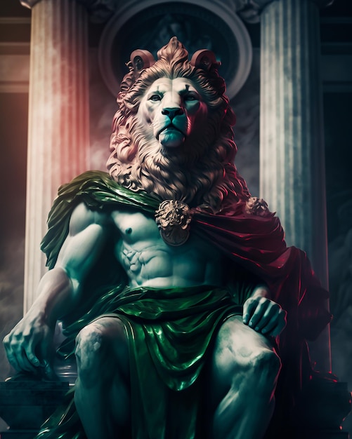 Photo a lion statue with a green cape and a red cape is sitting on a column