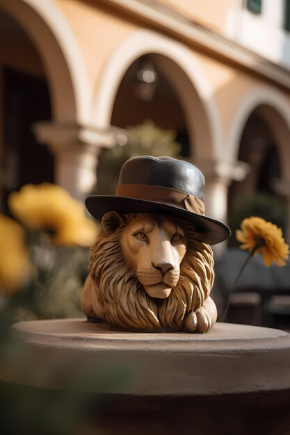 Foto una statua di leone con sopra un cappello