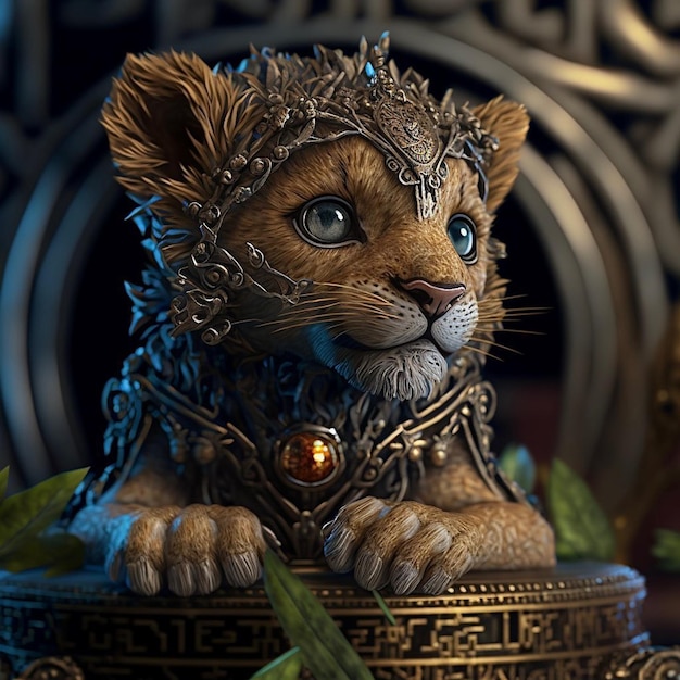 A lion statue with a silver crown and blue eyes sits on a gold box.