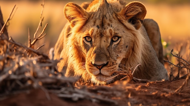 A lion stealthily stalking at prey