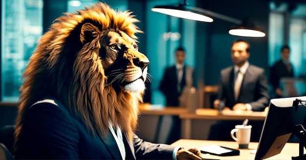 強さとリデランスのコンセプトを表す、ぼやけたオフィスでスーツを着たライオン