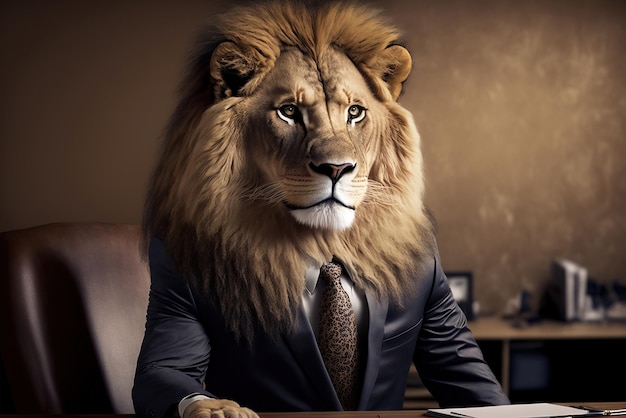 A lion in a suit is sitting at a desk.