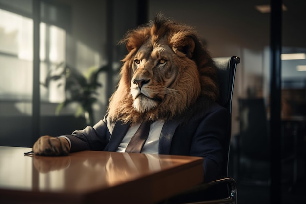 A lion in a suit sits at a desk in front of a window.