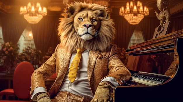 A lion in a suit sits at a piano