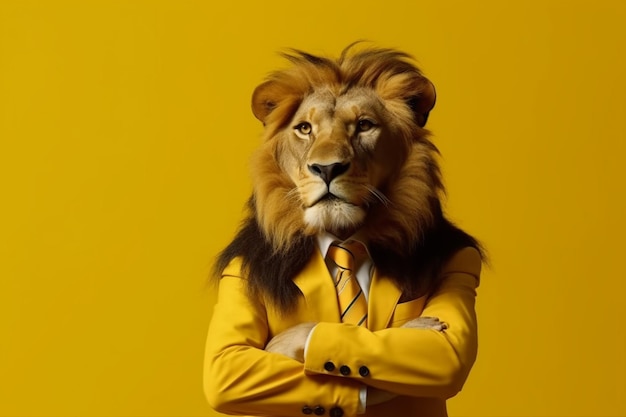 Лев в костюме и галстуке изолирован на оранжевом фоне, генеративный ИИ