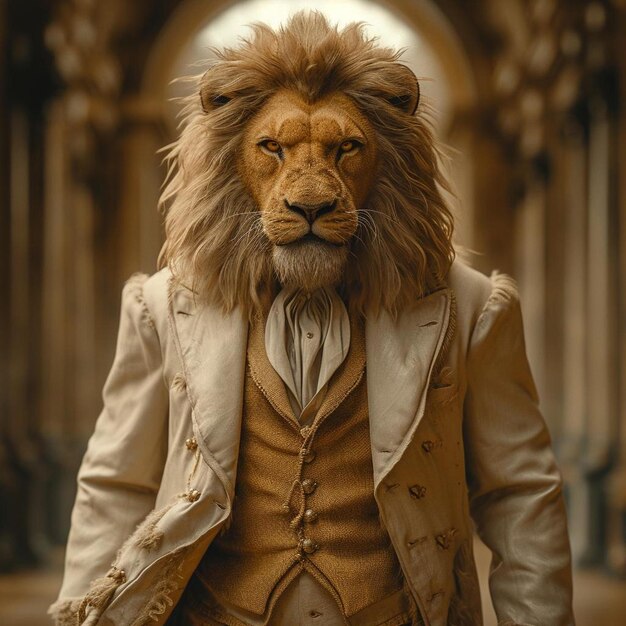 Photo a lion in a suit and tie standing in a hallway