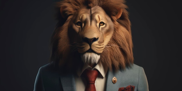 A lion in a suit with a red tie