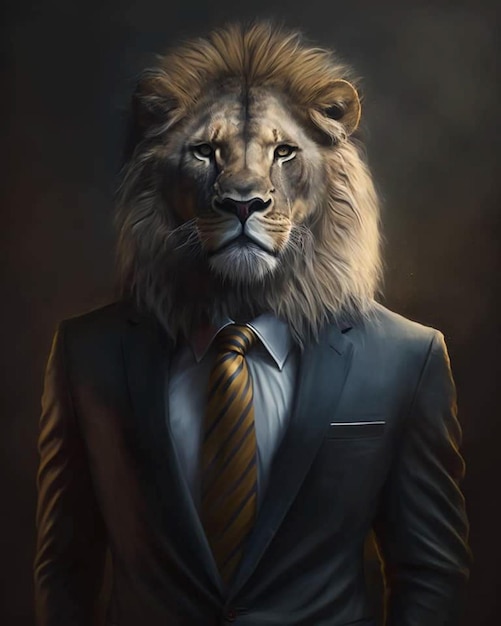 A lion in a suit with a shirt that says lion on it.