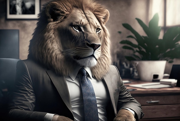 A lion in a suit with a tie