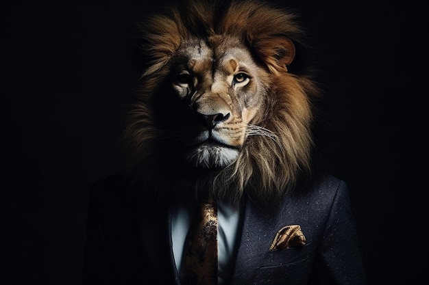 A lion in a suit with a tie