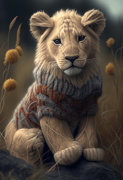 A lion in a sweater sits on a flowery field.
