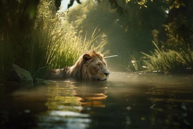 Lion swimming in a lake in the forest Wild animal