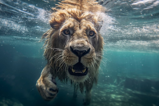 The lion swims underwater Generative AI