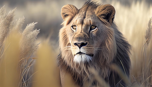 Lion in tall yellow grass Wild african animal Ai generated image