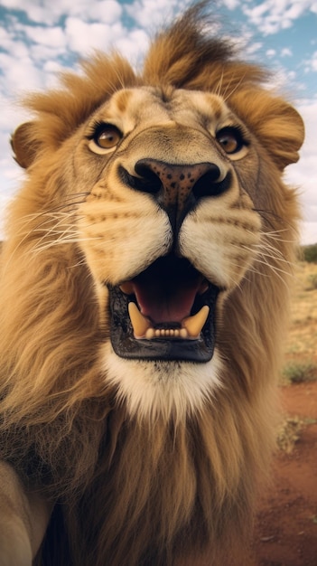 Foto il leone tocca la telecamera per fare un selfie un selfie divertente del ritratto di un animale